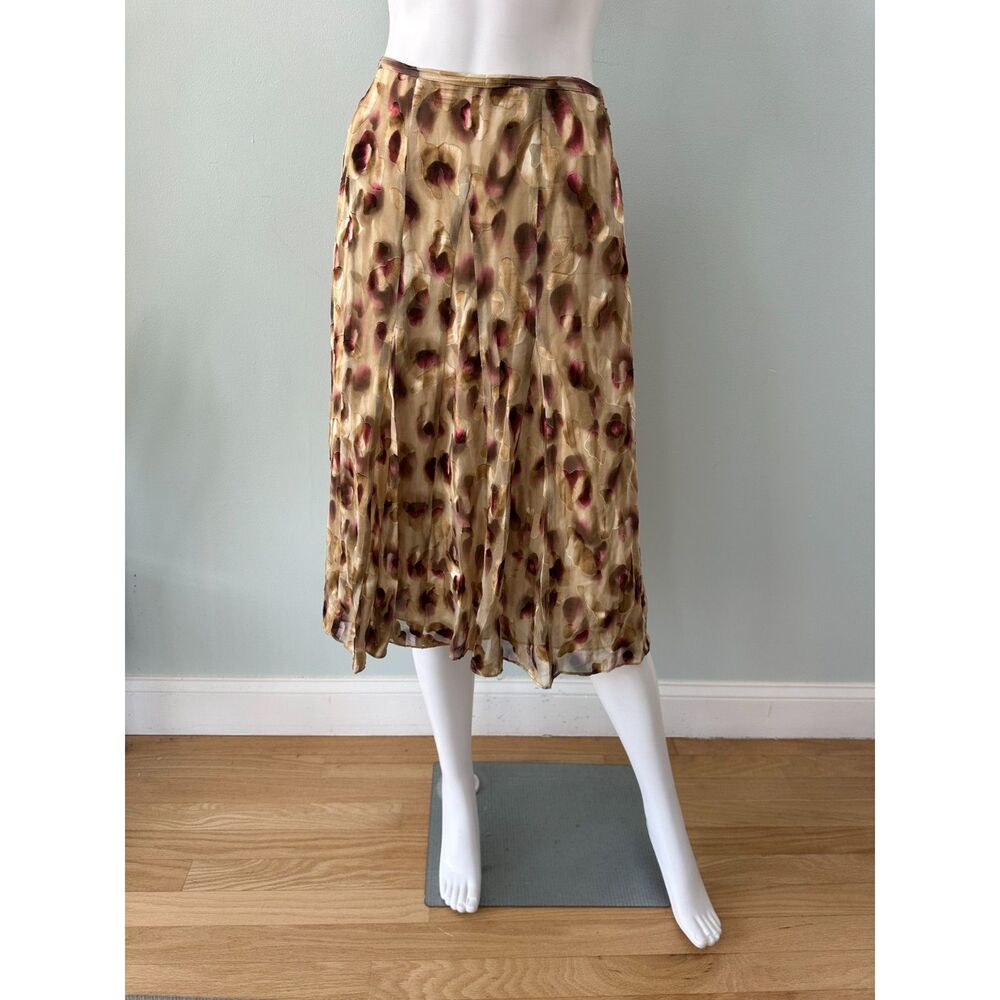Vintage Y2K Silk Blend Midi Skirt Abstract Watercolor Print Earthy Boho sz 10